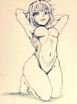  1girl arms_behind_head bare_legs barefoot breasts covered_navel d-m_(dii_emu) eyebrows_visible_through_hair eyelashes greyscale kazami_yuuka long_hair looking_at_viewer medium_breasts monochrome one-piece_swimsuit short_hair swimsuit touhou traditional_media 