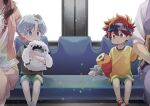  2boys 2girls blue_eyes blue_hair child doll ground_vehicle hair_between_eyes hasegawa_langa headband highres kyan_reki looking_at_viewer male_focus messy_hair multiple_boys multiple_girls open_mouth orange_eyes red_hair seat shirt shoes short_hair shorts sk8_the_infinity socks t-shirt train uppi yeti_(creature) 