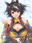  1girl animal_ears black_hair breasts character_request cleavage cleavage_cutout clothing_cutout hair_ornament highres horse_ears horse_girl japanese_clothes kurokaze_no_sora large_breasts open_mouth red_eyes short_hair sleeveless smile solo umamusume 