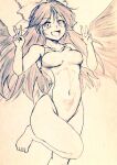  1girl bare_legs barefoot bird_wings bow commentary_request covered_navel cowboy_shot d-m_(dii_emu) double_v eyebrows_visible_through_hair eyelashes feathered_wings greyscale hair_bow leg_up long_hair looking_at_viewer monochrome one-piece_swimsuit open_mouth reiuji_utsuho swimsuit toes touhou traditional_media v very_long_hair wings 