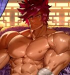  1boy abs animal_ears bandages bara biceps building cat_ears couch large_pectorals league_of_legends male_focus manly muscular muscular_male na_insoo nipples one_eye_covered orange_eyes pectorals red_hair room scar scar_on_face sett_(league_of_legends) solo spiked_hair thick_arms thick_eyebrows topless topless_male upper_body veins veiny_arms 