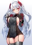  1girl azur_lane bangs blush breasts buttons double-breasted highres large_breasts long_hair long_sleeves looking_at_viewer nakatama_kyou orange_eyes prinz_eugen_(azur_lane) side_cutout sideboob silver_hair smile solo thighhighs thighs two_side_up 