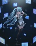  1girl absurdres alien_alien_(vocaloid) aqua_hair aqua_necktie bangs black_background black_footwear black_skirt black_sleeves boots closed_eyes commentary detached_sleeves faldues_(gavin_b) floating_hair full_body grey_shirt hands_on_own_head hands_up hatsune_miku headphones hello/how_are_you_(vocaloid) hibana_(vocaloid) highres karakuri_pierrot_(vocaloid) koi_wa_sensou_(vocaloid) leg_up light_particles long_hair melt_(vocaloid) necktie niconico niconico_comments number_tattoo parody_request screen senbon-zakura_(vocaloid) shinkai_shoujo_(vocaloid) shirt shoulder_tattoo sidelocks simple_background skirt smile solo tattoo thigh_boots thighhighs twintails very_long_hair vocaloid world_is_mine_(vocaloid) 