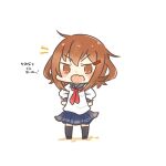 anchor_symbol black_legwear blue_sailor_collar blue_skirt brown_hair chibi commentary_request fang full_body hair_ornament hairclip hands_on_hips ikazuchi_(kancolle) kantai_collection karin. looking_at_viewer neckerchief pleated_skirt red_neckerchief sailor_collar school_uniform serafuku short_hair simple_background skin_fang skirt thighhighs white_background 