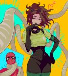 1boy 1girl ^_^ brown_hair clenched_hand closed_eyes doctor_octopus floating_hair hair_behind_ear heart highres marvel medium_hair olivia_octavius open_hand paint_splatter parted_lips smile spider-man spider-man:_into_the_spider-verse spider-man_(series) superhero sushi_pizza_rrr tentacles trembling yellow_background 