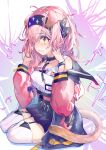  1girl absurdres animal_ears arknights bare_shoulders black_choker black_hairband black_skirt blush braid cat_ears cat_girl cat_tail choker coat collarbone electricity full_body garter_straps goldenglow_(arknights) hairband hands_in_hair high-waist_skirt highres id_card lightning_bolt_print long_hair long_sleeves open_clothes open_coat parted_lips pink_coat pink_hair pixerite shirt side_braid skirt sleeveless sleeveless_shirt solo tail thighhighs white_shirt yellow_eyes yorha_no._2_type_b zettai_ryouiki 