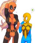  2girls belt blonde_hair blowing_kiss bodysuit breast_envy breasts brown_belt food fruit heart height_difference impossible_bodysuit impossible_clothes lady_deadpool large_breasts long_hair looking_to_the_side marvel mayday_parker melon multiple_girls ponsuke_(pondelion7211) ponytail red_bodysuit small_breasts spider-girl spider-man_(series) spider_web_print spoken_object superhero thought_bubble wanda_wilson white_eyes 