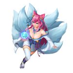  1girl absurdres ahri_(league_of_legends) animal_ears artist_name artist_request bell blue_eyes blue_tail breasts cleavage collarbone eyebrows facial_mark fox_ears fox_tail full_body hair_bell hair_ornament highres korean_clothes kumiho large_breasts league_of_legends looking_to_the_side low_neckline multiple_tails nail_polish off_shoulder simple_background solo spirit_blossom_(league_of_legends) spirit_blossom_ahri tail vastaya whisker_markings white_background white_legwear 