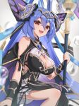  1girl blue_hair breasts character_request cleavage cleavage_cutout clothing_cutout dragalia_lost fangs gonzarez highres large_breasts long_hair open_mouth red_eyes sleeveless smile solo staff very_long_hair 