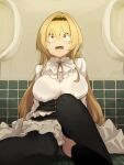  1girl bathroom black_legwear black_panties blonde_hair bra_visible_through_clothes breasts brooch commission constricted_pupils dress fang hairband highres idolmaster idolmaster_cinderella_girls jewelry kurosaki_chitose large_breasts long_hair on_floor panties pantyshot red_eyes scared sitting skeb_commission solo sweat sweating_profusely takato_kurosuke thighhighs underwear urinal white_dress wide-eyed 