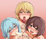  3girls baketsuya blonde_hair blue_eyes blue_hair blush brown_eyes brown_hair eyebrows_visible_through_hair food gradient gradient_background licking looking_at_viewer lunasa_prismriver lyrica_prismriver merlin_prismriver multiple_girls no_hat no_headwear open_mouth oral_invitation popsicle popsicle_in_mouth saliva sexually_suggestive short_hair siblings sisters symbol-shaped_pupils tongue tongue_out touhou uvula yellow_eyes 