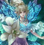  1girl aqua_eyes blue_wings braid butterfly_wings dress fairy final_fantasy final_fantasy_xiv flower flower_braid highres hyur jewelry looking_at_viewer mandaring0 necklace platinum_blonde_hair pointy_ears solo tiara titania_(final_fantasy) upper_body wings 