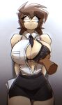  1girl :&lt; absurdres against_wall arms_behind_back between_breasts black_necktie black_skirt bra breasts brown_hair cleavage constricted_pupils english_commentary freckles grey_bra hado_(zzzhadozzz) highres huge_breasts interracial kyurby_(hado_(zzzhadozzz)) medium_hair miniskirt mullet narrow_waist navel necktie necktie_between_breasts office_lady one_breast_out original pencil_skirt pov pov_hands shirt skirt sleeveless sleeveless_shirt solo_focus thick_thighs thigh_gap thighs unbuttoned unbuttoned_shirt underwear yellow_eyes 