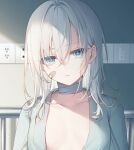  1girl bandaid bandaid_on_cheek bandaid_on_face bed blue_eyes closed_mouth copyright_request electric_socket expressionless grey_hair hair_between_eyes head_tilt hospital hospital_bed hospital_gown looking_at_viewer medium_hair solo toosaka_asagi 