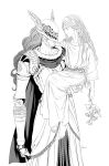  1boy 1girl arm_around_neck artist_name braid cape carrying collarbone commentary_request covered_eyes dress elden_ring flower greyscale helmet highres holding holding_flower jdori korean_commentary lineart long_hair looking_at_another malenia_blade_of_miquella miquella_(elden_ring) monochrome prosthesis prosthetic_arm scar siblings signature simple_background smile wavy_hair white_background winged_helmet 