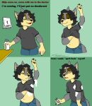  absurd_res anthro april_fools belly big_belly canid canine canis clothing comic deodorant hair hi_res humor joke long_hair male mammal pudgy_belly shaving_cream shirt solo t-shirt topwear wolf yellow_eyes zooshi zooshi_(character) 
