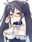  1girl absurdres adjusting_eyewear bare_shoulders bimmy black_hair blue_ribbon blush breasts cleavage glasses hair_between_eyes hair_ornament hair_ribbon highres long_hair looking_at_viewer neptune_(series) noire_(neptune_series) pouty_lips red_eyes ribbon simple_background solo twintails upper_body white_background 