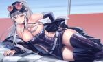  1girl artist_name azur_lane bangs boots breasts collarbone cuboon elbow_gloves enterprise_(azur_lane) enterprise_(wind_catcher)_(azur_lane) eyebrows_visible_through_hair eyewear_on_head eyewear_on_headwear gloves hand_on_hip hat large_breasts latex latex_gloves latex_legwear long_bangs long_hair looking_at_viewer lying on_side panties ponytail purple_eyes race_queen revealing_clothes signature silver_hair solo sunglasses thigh_boots thighhighs thighs twitter_username underwear 