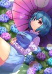  1girl blue_eyes blue_hair blue_skirt breasts flower heterochromia highres holding hydrangea juliet_sleeves long_sleeves looking_at_viewer puffy_sleeves purple_umbrella rain red_eyes short_hair skirt smile solo tatara_kogasa touhou umbrella yuzu5p4 