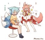  2girls :3 :d ah_zhong_(mountain_han) ahoge animal_ear_fluff animal_ears black_eyes blue_hair blue_shorts chinese_text clenched_teeth denim denim_shorts dress ears_down flower fox_ears fox_tail hair_flower hair_ornament instrument long_sleeves mountain_han multiple_girls multiple_tails open_mouth original pink_hair red_eyes short_shorts shorts signature simple_background single_thighhigh sitting smile stool tail tambourine teeth thighhighs translation_request white_background white_dress white_legwear 