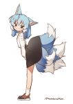  1girl ah_zhong_(mountain_han) animal_ear_fluff animal_ears black_footwear black_skirt blue_hair chinese_text closed_mouth clothes_lift fox_ears fox_tail from_side high-waist_skirt highres long_hair long_sleeves looking_at_viewer looking_to_the_side mountain_han original shirt shoes signature simple_background skirt skirt_lift socks solo tail tail_lift tail_raised translation_request white_background white_legwear white_shirt 