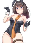  1girl :o absurdres akizuki_(kancolle) alternate_costume animal_ears ass_visible_through_thighs black_gloves black_hair black_leotard blue_eyes blush breasts cowboy_shot detached_collar duplicate embarrassed fake_animal_ears from_below gloves groin highres kantai_collection kiritto leotard long_hair looking_at_viewer looking_down medium_breasts neckerchief open_mouth orange_neckerchief pixel-perfect_duplicate ponytail rabbit_ears short_hair simple_background solo strapless strapless_leotard sweatdrop white_background 