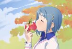  1girl apple blue_hair blush closed_eyes food from_side fruit gloamy hair_ornament hairclip highres mahou_shoujo_madoka_magica miki_sayaka outdoors saliva shiny shiny_hair short_hair solo 