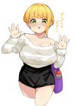  1girl :3 asymmetrical_hair black_shorts blonde_hair blush breasts character_request cleavage cowboy_shot cropped_legs dildo hands_up high-waist_shorts idolmaster large_breasts looking_at_viewer lotion_bottle off-shoulder_sweater off_shoulder sex_toy short_hair short_shorts shorts simple_background smile solo standing sweater takato_kurosuke waving when_you_see_it white_background white_sweater 
