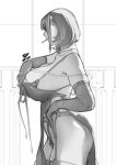  1girl absurdres bangs bare_shoulders breasts cigarette covered_nipples curvy dress elbow_gloves evening_gown from_side garter_belt garter_straps gloves greyscale highres huge_breasts monochrome original short_hair sideboob sidelocks thighhighs unfinished zuoteng_lucha 