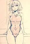  1girl alternate_costume bare_legs breasts closed_mouth commentary_request covered_navel cowboy_shot d-m_(dii_emu) eyebrows_visible_through_hair eyelashes greyscale kazami_yuuka looking_at_viewer medium_breasts monochrome one-piece_swimsuit open_mouth smile swimsuit touhou 