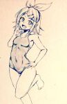  1girl alternate_costume bare_legs barefoot breasts commentary_request d-m_(dii_emu) eyebrows_visible_through_hair eyelashes greyscale hair_ribbon hairband kagamine_rin long_sleeves looking_at_viewer monochrome open_mouth ribbon short_hair small_breasts toes vocaloid wide_sleeves 