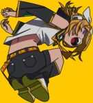  1girl armpit_crease ass back bangs black_sailor_collar black_shorts blonde_hair blue_eyes bow detached_sleeves flipped_hair full_body hair_bow hair_ornament hairclip headphones highres kagamine_rin leg_warmers long_hair looking_at_viewer midair multicolored_belt multicolored_footwear open_mouth orange_belt sailor_collar shirt shorts simple_background sleeveless sleeveless_shirt solo swept_bangs teeth upper_teeth vocaloid white_bow white_footwear white_shirt yaya_hiyayaka yellow_background yellow_belt yellow_footwear 