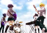  2girls 3boys animal_head bakugou_katsuki boku_no_hero_academia cloud cloudy_sky cymbals drum drum_set electric_guitar guitar holding holding_instrument instrument jirou_kyouka kaminari_denki keyboard_(instrument) long_earlobes long_hair m_(yamaido) multiple_boys multiple_girls music playing_instrument purple_hair school_uniform short_hair sky tokoyami_fumikage u.a._school_uniform yaoyorozu_momo 