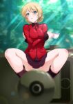  1girl blonde_hair blue_eyes blurry blurry_background braid cannon closed_mouth commentary_request cup darjeeling_(girls_und_panzer) forest french_braid girls_und_panzer ground_vehicle holding holding_cup kaname_aomame legs military military_uniform military_vehicle motor_vehicle nature outdoors panties short_hair sitting solo st._gloriana&#039;s_military_uniform sunlight tank teacup underwear uniform white_panties 