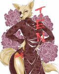  2022 anthro asian_clothing beastars canid canine cheek_tuft chinese_clothing clothed clothing colored_nails dress east_asian_clothing eye_patch eyewear facial_tuft female fox fur hi_res looking_at_viewer mammal nails sakuse signature solo ten_(beastars) tuft 