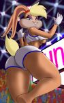  2021 anthro arena blonde_hair blue_eyes bottomwear bra breasts brown_inner_ear butt clothing digital_drawing_(artwork) digital_media_(artwork) dreamfurry80 ears_tie female fur gloves gym hair handwear hi_res lagomorph leporid lights lola_bunny long_ears looking_at_viewer looney_tunes makeup mammal multicolored_body multicolored_ears multicolored_fur orange_body orange_ears orange_fur rabbit seductive shorts solo sports_bra sports_panties tan_body tan_fur teeth text tied_ears underwear warner_brothers yellow_tail 