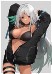  1girl :o armpits arms_up azur_lane bangs bikini black_bikini black_jacket breasts cleavage commentary commentary_request cowboy_shot grey_background hair_ornament highres jacket large_breasts long_hair long_sleeves looking_at_viewer massachusetts_(azur_lane) oregano_(olgn_eao) parted_lips red_eyes silver_hair simple_background solo swimsuit thigh_strap 