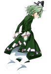  1girl back dress electricity eyebrows_visible_through_hair ghost_tail green_dress green_eyes green_hair hat highres keiki8296 long_dress long_sleeves looking_at_viewer looking_back medium_hair ofuda ofuda_on_clothes smirk soga_no_tojiko tate_eboshi touhou white_background 