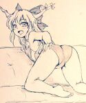  1girl alternate_costume ass ass_focus bare_legs barefoot bow breasts commentary_request couch d-m_(dii_emu) eyebrows_visible_through_hair eyelashes greyscale horns ibuki_suika long_hair looking_at_viewer monochrome oni_horns open_mouth small_breasts touhou 