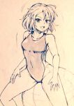  1girl alternate_costume ball bare_legs beachball breasts commentary_request covered_navel d-m_(dii_emu) eyebrows_visible_through_hair eyelashes greyscale kazami_yuuka looking_at_viewer monochrome one-piece_swimsuit open_mouth sitting swimsuit touhou 