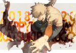  1boy background_text bakugou_katsuki bead_necklace beads belt blonde_hair boku_no_hero_academia brown_belt burnt_clothes character_name detached_sleeves fire foreshortening grey_background happy_birthday jewelry looking_at_viewer male_focus maneki-neko_(fujifuji) multiple_necklaces necklace open_mouth red_eyes solo sparks spiked_hair teeth topless_male 