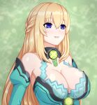  1girl bare_shoulders blonde_hair blue_eyes blush braid breasts cleavage commentary deviantart_username dress eyebrows_visible_through_hair hair_between_eyes jyu_ichi large_breasts long_hair looking_ahead mixed-language_commentary neptune_(series) parted_lips patreon_username shiny shiny_skin smile solo upper_body vert_(neptune_series) 