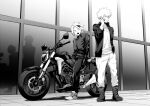  2boys bakugou_katsuki boku_no_hero_academia boots greyscale ground_vehicle holding holding_phone jacket kaminari_denki looking_at_another male_focus maneki-neko_(fujifuji) monochrome motor_vehicle motorcycle multiple_boys on_motorcycle open_mouth phone shirt sitting spiked_hair talking_on_phone v-neck 