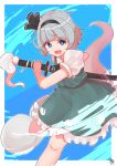  :d absurdres black_hairband blue_background blue_eyes border bright_pupils frilled_skirt frills ghost green_skirt green_vest grey_hair hairband highres holding holding_sword holding_weapon konpaku_youmu konpaku_youmu_(ghost) looking_at_viewer open_mouth sheath sheathed shirt short_hair short_sleeves signature skirt smile sword touhou vest weapon white_border white_pupils white_shirt youmu_day zanasta0810 