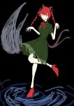  absurdres animal_ears bare_legs braid cat_ears closed_eyes closed_mouth dark_background dress fingers_together frilled_dress frills hands high_heels highres kaenbyou_rin red_footwear red_hair ribbon smile standing standing_on_one_leg touhou twin_braids weedhollow_(dokuran) 