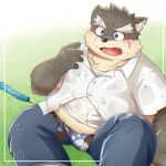  anthro asian_clothing belly blue_eyes blush bottomwear break301 canid canine canis clothed clothing domestic_dog dress_shirt east_asian_clothing eyebrows fundoshi fur grey_body grey_fur hi_res japanese_clothing lifewonders male mammal moritaka open_bottomwear open_clothing open_pants overweight overweight_male pants scar shirt solo thick_eyebrows tokyo_afterschool_summoners topwear underwear video_games water water_hose wet wet_clothing wet_shirt wet_topwear 