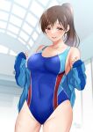  1girl blue_swimsuit breasts brown_hair competition_swimsuit gen_(enji) highres idolmaster idolmaster_cinderella_girls idolmaster_cinderella_girls_starlight_stage indoors jacket large_breasts nitta_minami one-piece_swimsuit ponytail swimsuit undressing 