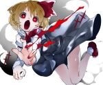  +_+ 1girl ascot black_dress black_skirt blonde_hair claw_pose collared_shirt dress fang hair_ribbon ikurauni long_sleeves looking_at_viewer open_mouth puffy_sleeves red_ascot red_eyes red_footwear red_nails red_ribbon ribbon rumia shirt short_hair simple_background skirt socks solo touhou vest white_background white_legwear white_shirt youkai 