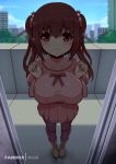  1girl apartment blurry blurry_background blush boots breast_squeeze breasts brown_eyes brown_footwear brown_hair cityscape closed_mouth collarbone doorway dress ebina_nana eyebrows_visible_through_hair fingernails flying_sweatdrops foreshortening full_body hair_between_eyes hands_up highres himouto!_umaru-chan large_breasts long_fingernails long_hair looking_at_viewer nervous outdoors pink_dress pink_nails purple_legwear shade solo striped tareme thighhighs twintails virus-g wavy_hair 