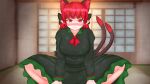  1girl absurdres animal_ears blurry blurry_background blush bow breasts cat_ears cat_tail dress extra_ears green_dress hair_bow highres kaenbyou_rin large_breasts looking_at_viewer multiple_tails pov red_eyes red_hair sitting solo_focus tail textless touhou yumenomimizuku 